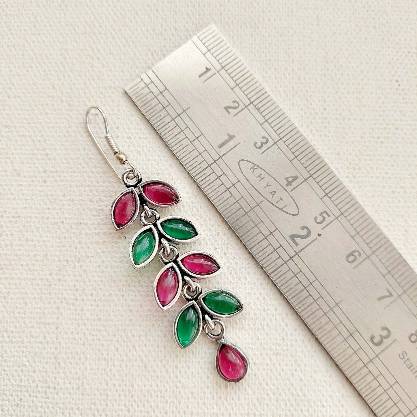 Stone Studded Long Earrings- Green and Pink