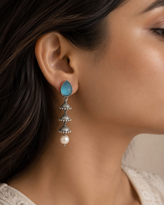 Mrinalini: Aqua Blue Stone Cascade Pearl Drop Earring
