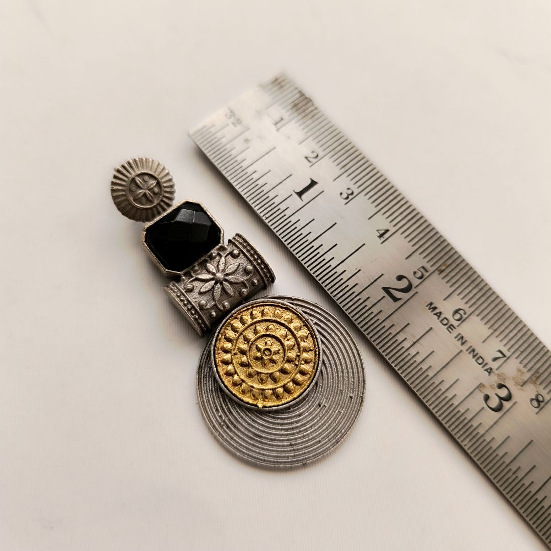 Statement Disc Dangler: Two-Tone Black Stone Stud Danglers