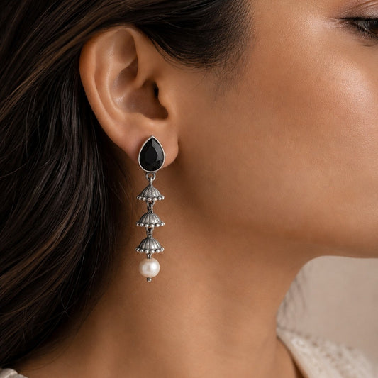 Mrinalini: Black Stone Cascade Pearl Drop Earring