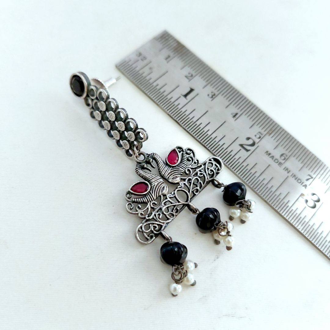 Royal Hamsa : Silver Toned Black and Pink Stoned Long Earrings