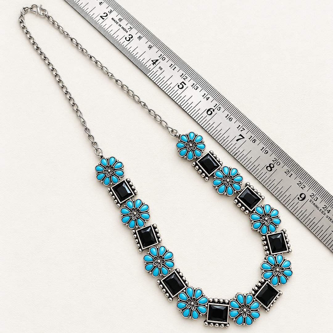 Blooming Flora: Black and Blue Stone Festive Necklace and Earring Set
