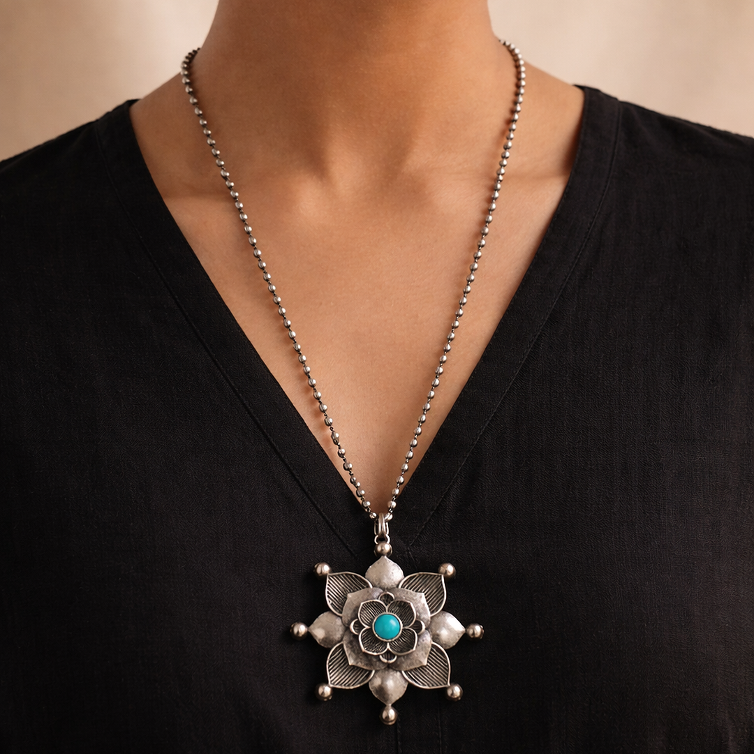 Silver Zenith: Silver Toned Turquoise Stone Pendant and Earring
