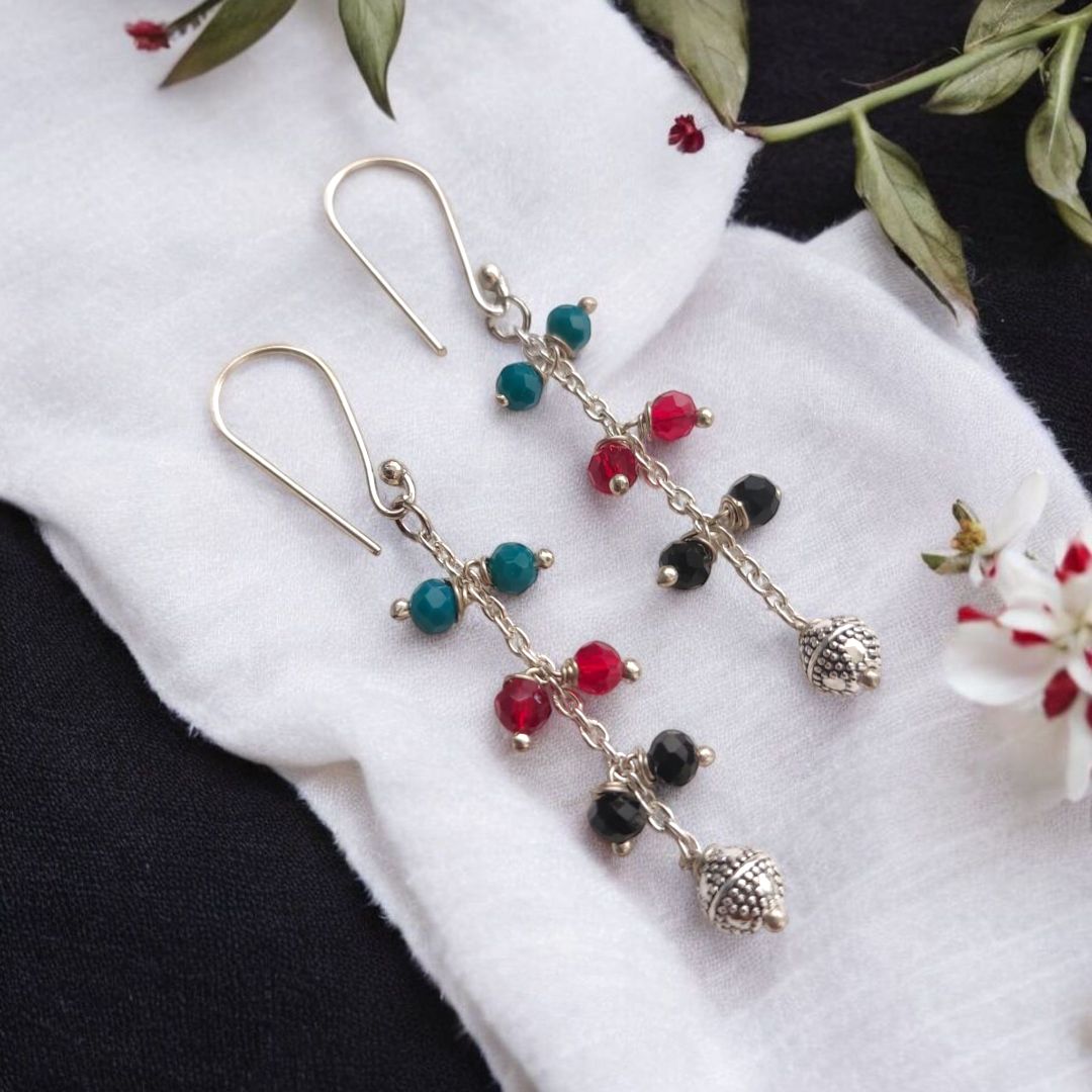 Hand Crafted Earrings: Dazzling Blue Red and Black Crystal Stone