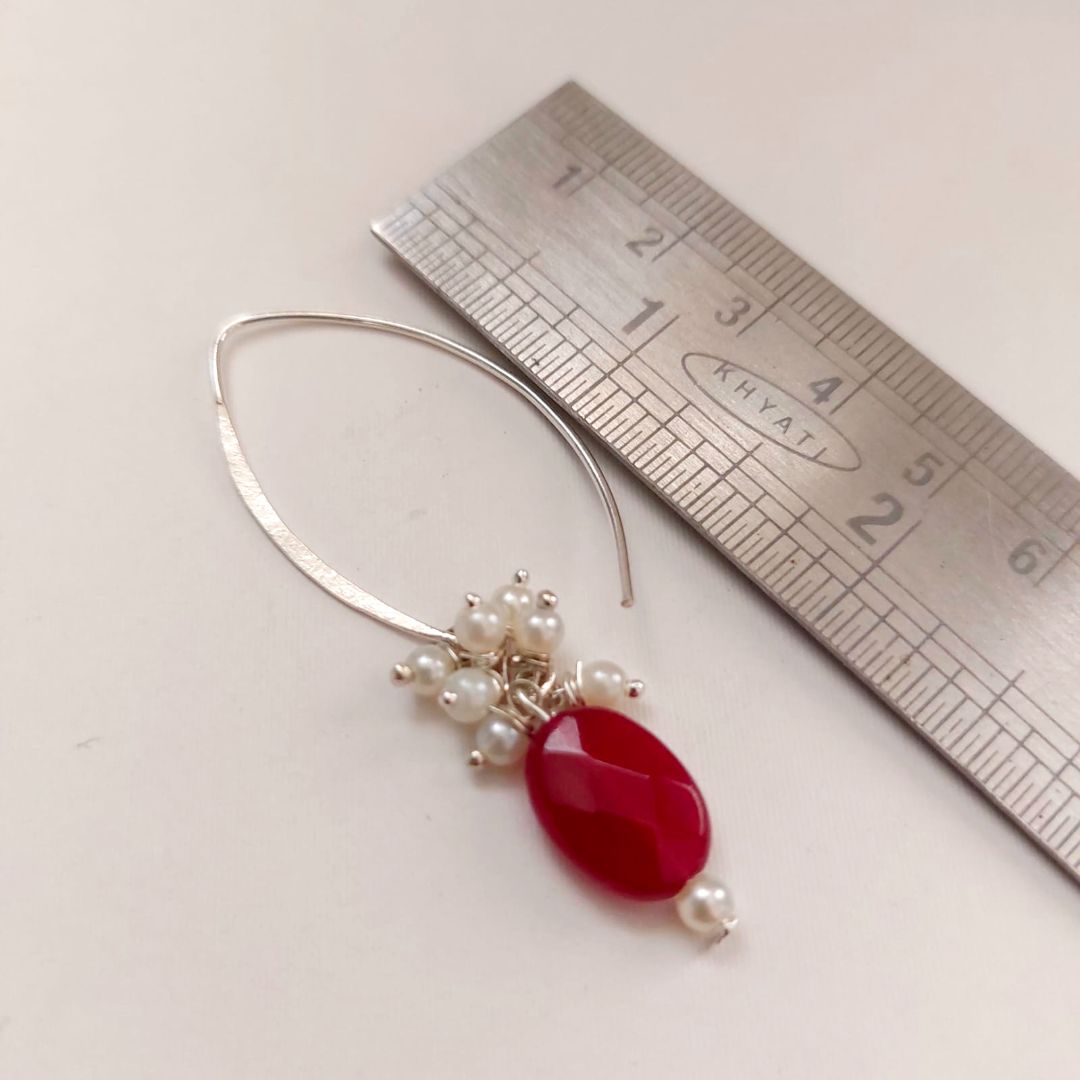 Hand Crafted Earrings: Dewdrop Pearl and Bold Red Stone Hoop Earrings