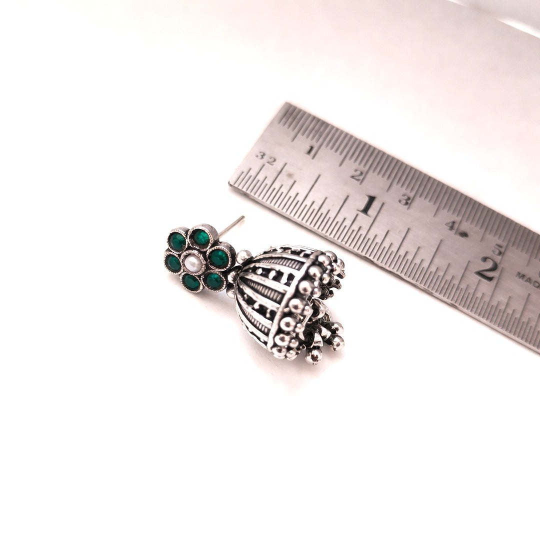 Arohi: Emerald Green and Pearl Silver Toned Jhumka