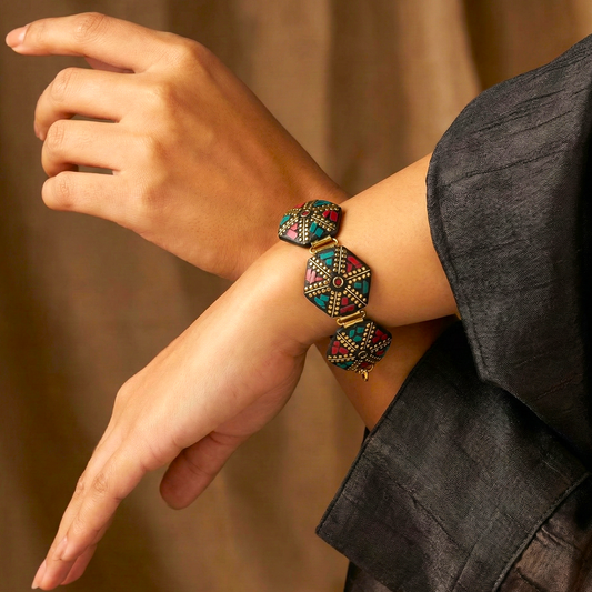 Imperial Link: Turquoise and Coral Hexagonal Brass Bracelet