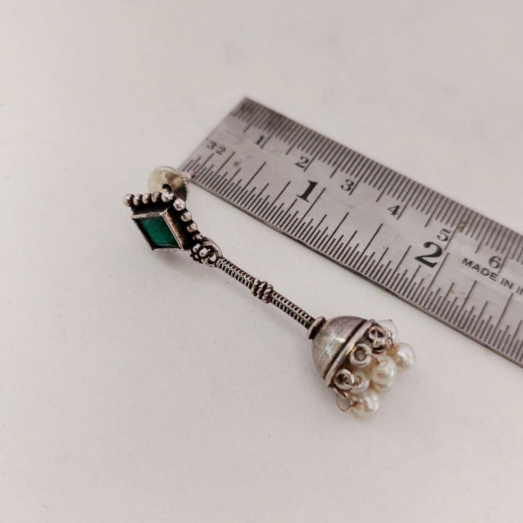 Jhumka Delight: Emerald Green Stone Silver Toned Jhumka