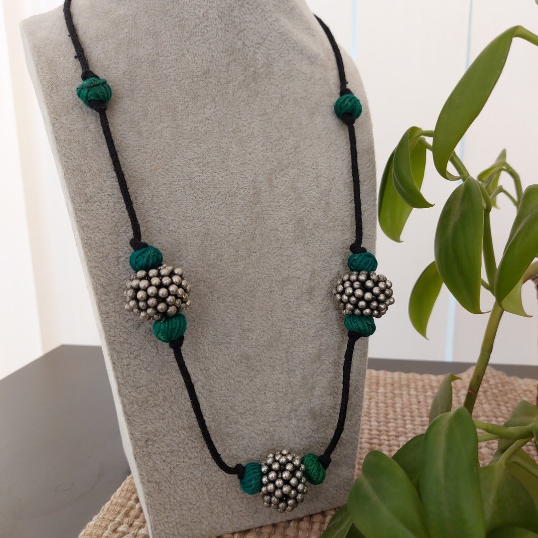 Emerald Luster: Green Thread Bead and Silver Toned Beaded Necklace