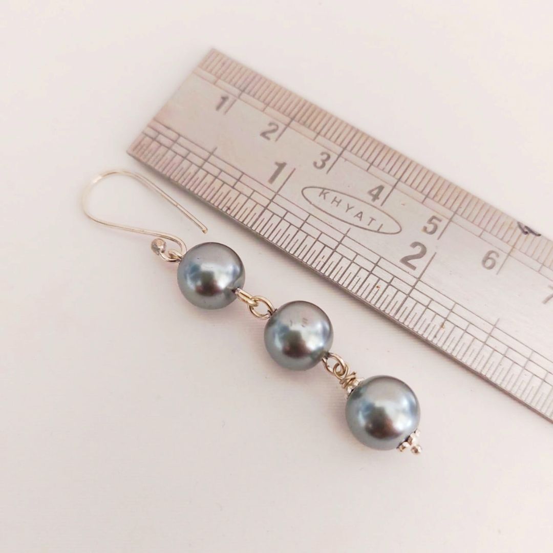 Smoky Grey: Handmade Triple Pearl Drop Earring