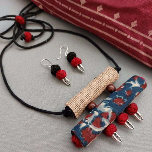 Artisanal Fusion: Indigo and Maroon Handblock Fabric and Jute Necklace With with Silver Finish and Beads Motifs