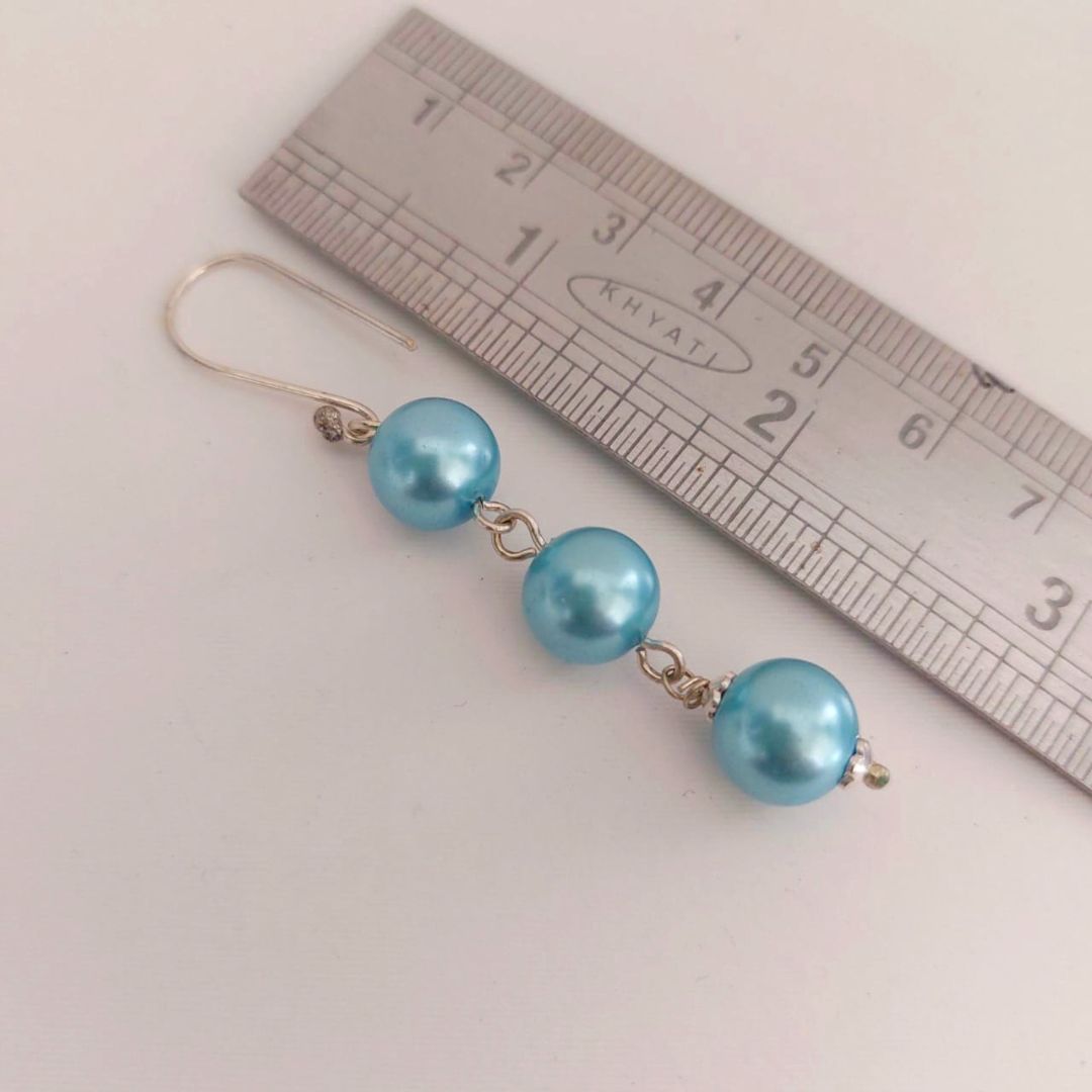 Mist Blue: Handmade Triple Pearl Drop Earrings