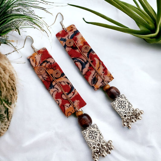 Natural dye Fabric Earring With Beads and Oxidized Motifs