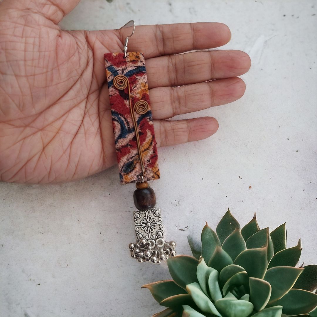 Natural dye Kalamkari Fabric Earring With Beads and Oxidized Motifs
