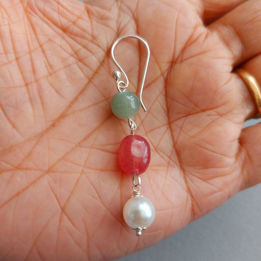 Harmony Hues: Green glass beads, Shell Pearl, Pink zade dull Earring