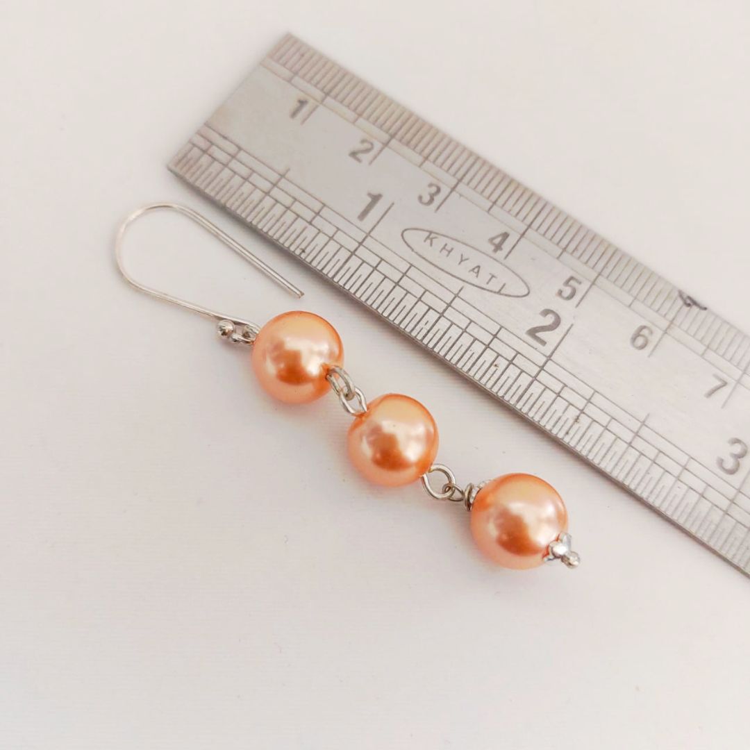 Warm Peach: Handmade Triple Pearl Drop Earrings