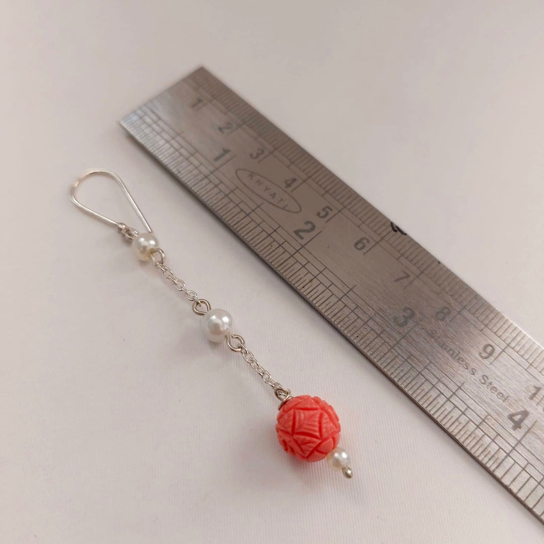 Hand Crafted Earrings: Carved Coral Bead and Pearl Long Drop Earrings