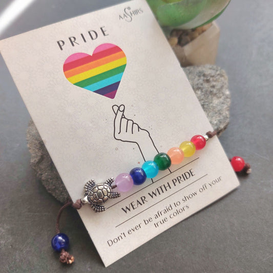Turtle Charm: Rainbow Pride Thread Tie-Back Bracelet with Beads