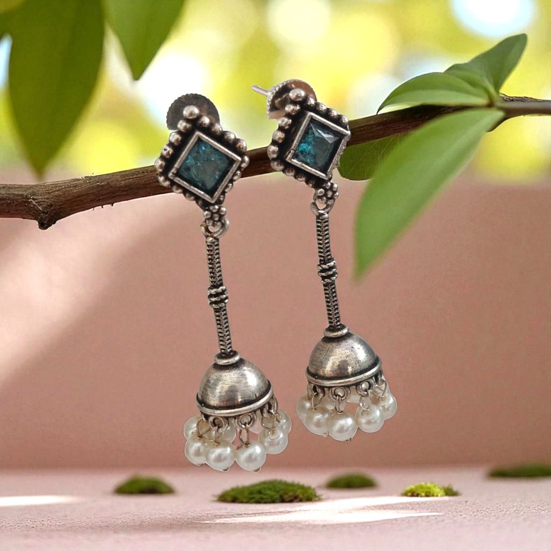 Jhumka Delight: Sea Blue Stone Silver Toned Jhumka
