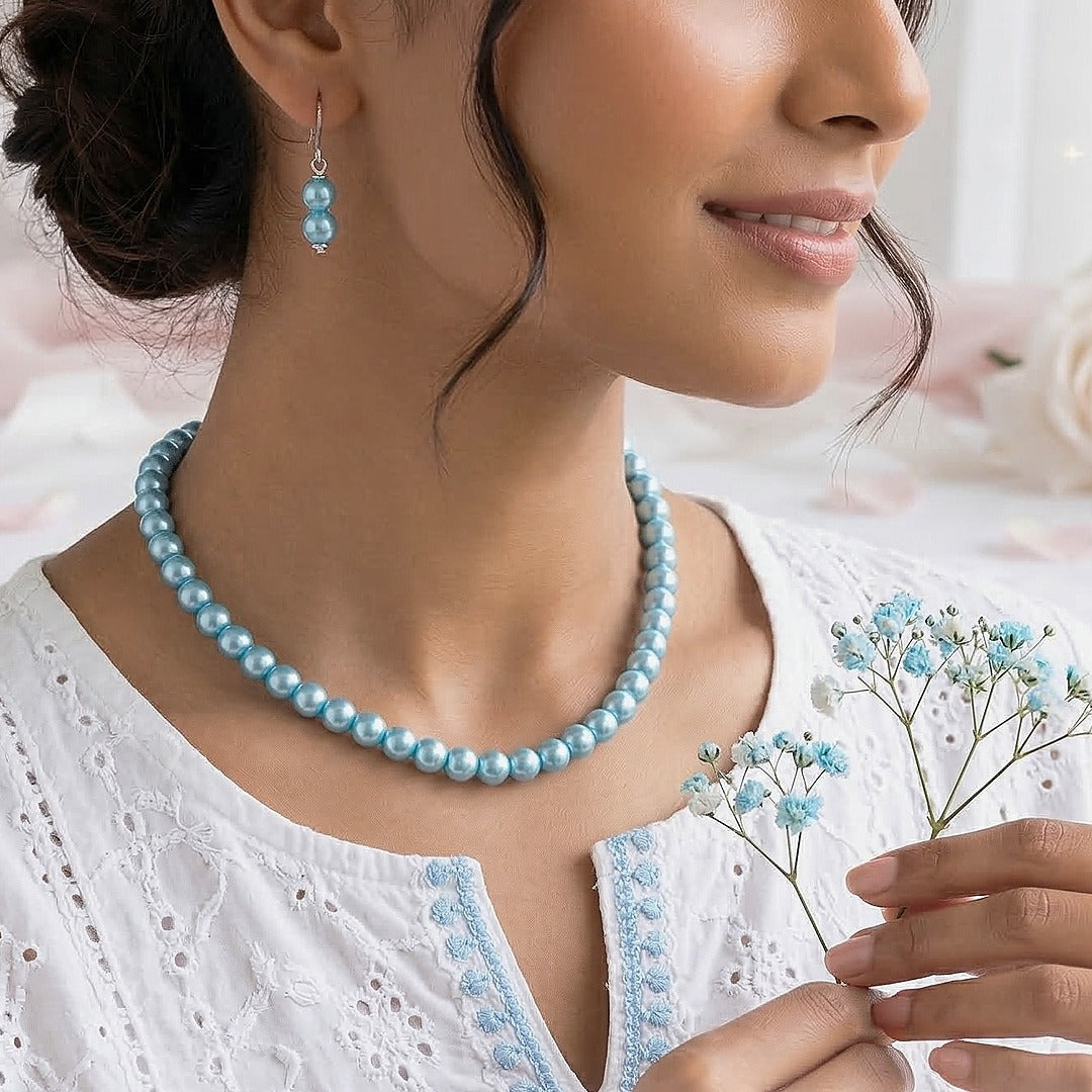 Sea Mist: Light Blue Pearl Necklace and Earring Set – AashirsLifestyle