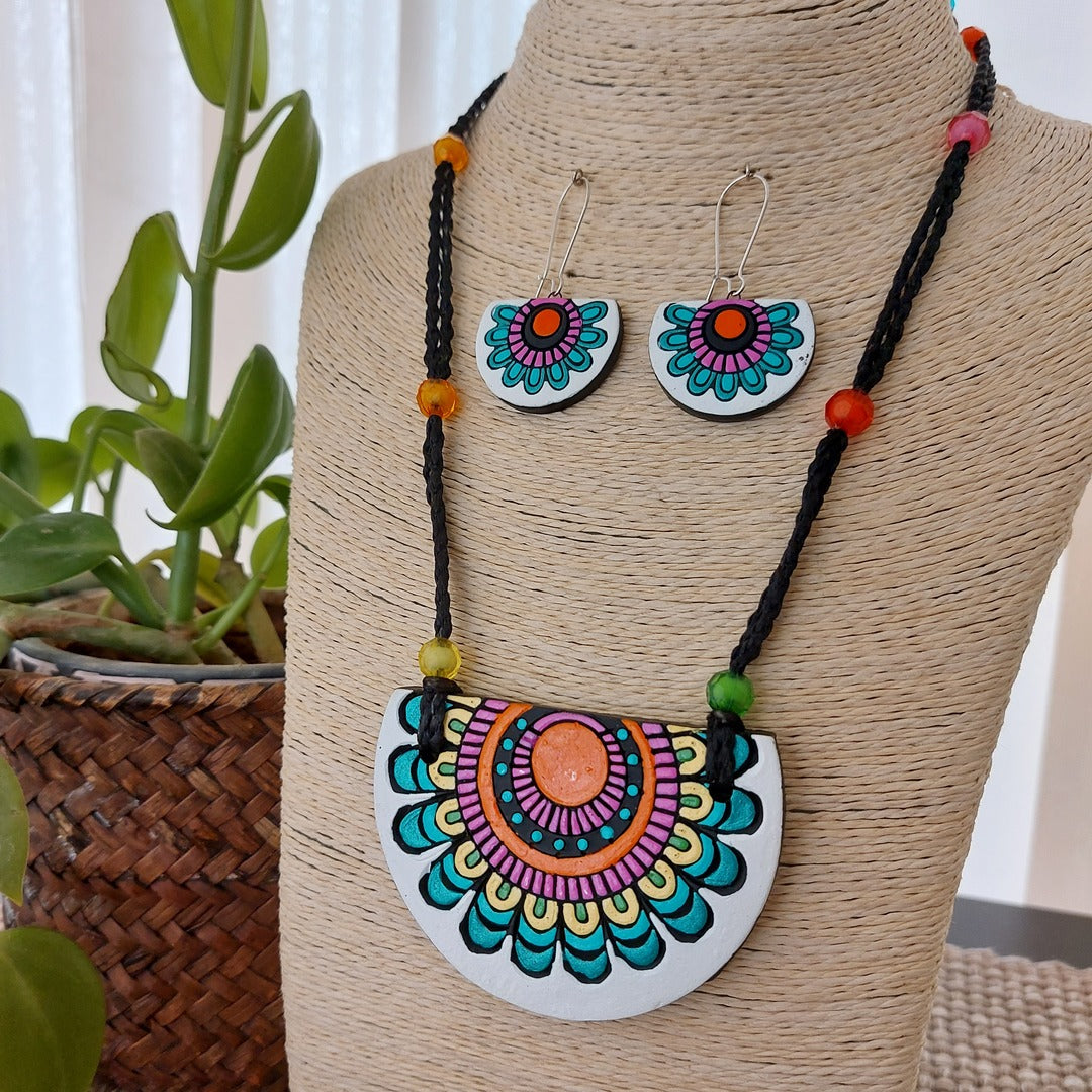 Whimsical White: Hand-Painted Terracotta Necklace and Earring Set