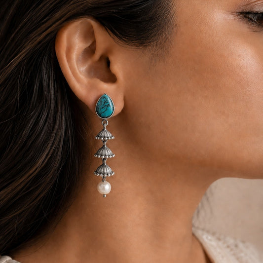 Mrinalini: Turquoise Stone Pearl Drop Earrings
