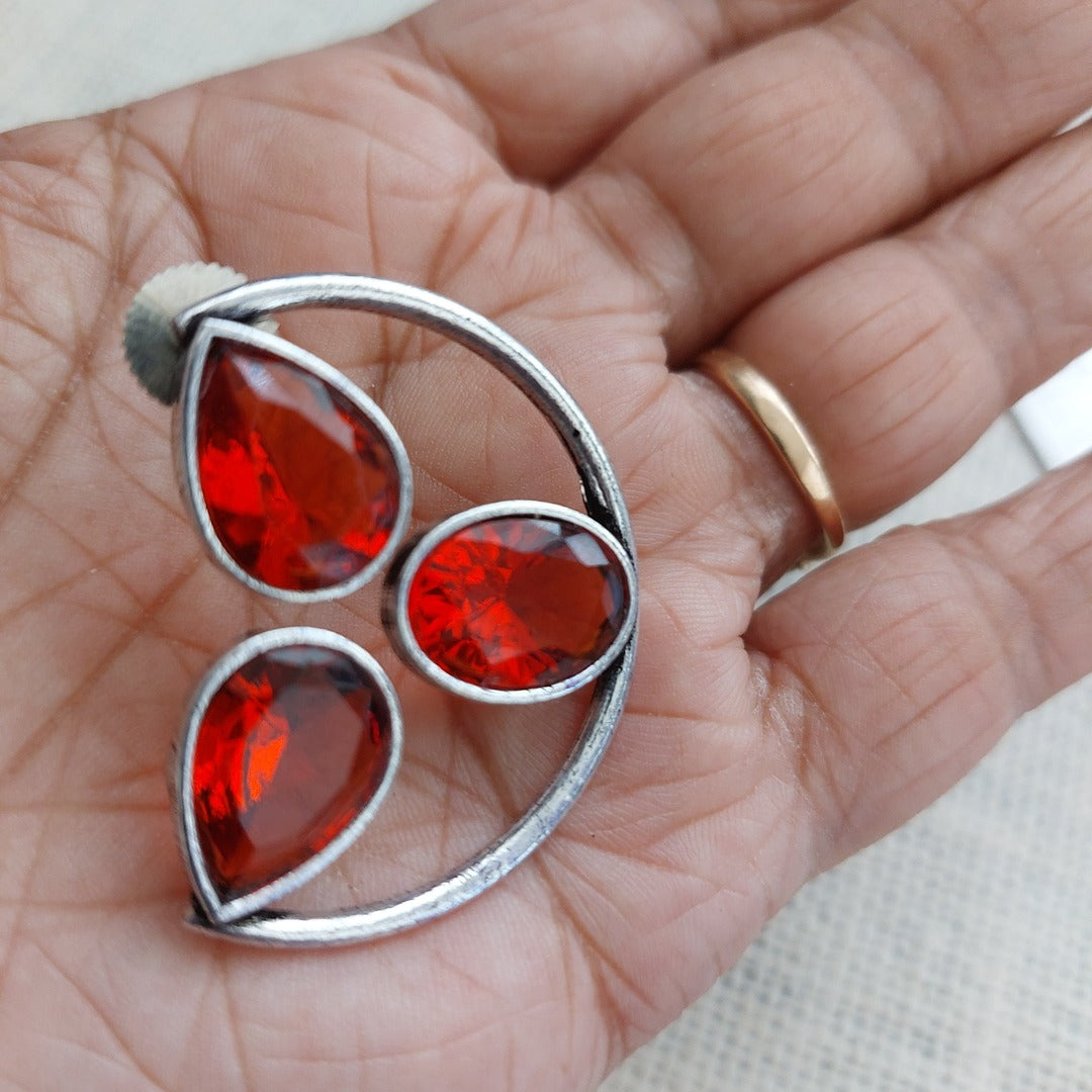 Radiant Love: Bright Red Stone Studded Silver Toned EarRing Stud