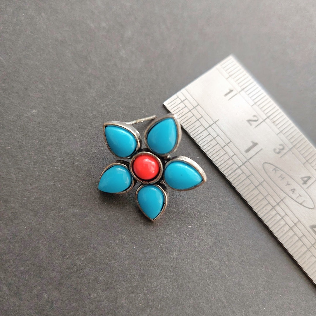 Turquoise Bloom: Blue Floral with Red Coral Center Stud