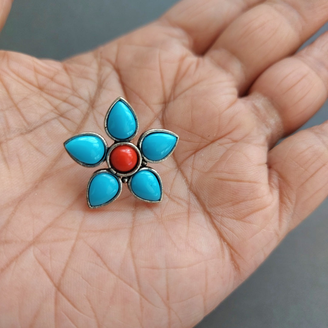 Turquoise Bloom: Blue Floral with Red Coral Center Stud
