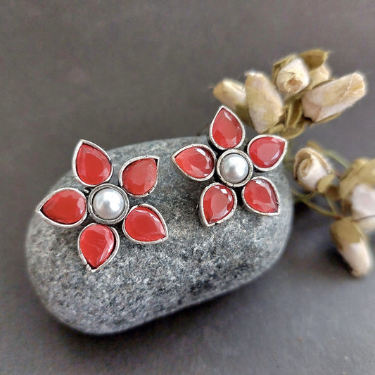 Valentine Blossom: Red Stone Flower Stud with Shell Pearl Center