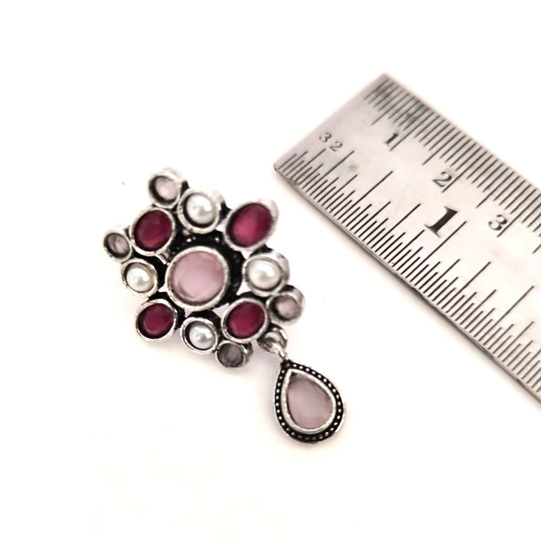 Zehra : Pink and Red Stone Studded Pendant and Earring Set