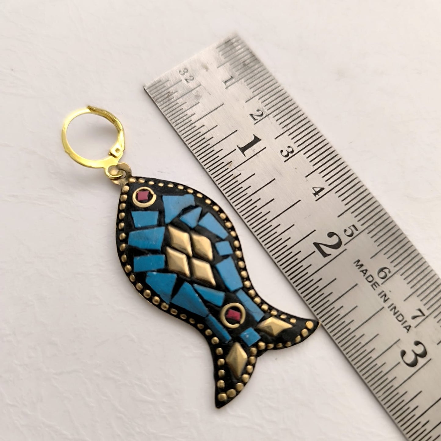 Mosaic Splendor: Fish Shaped Tibetan Lac Earring