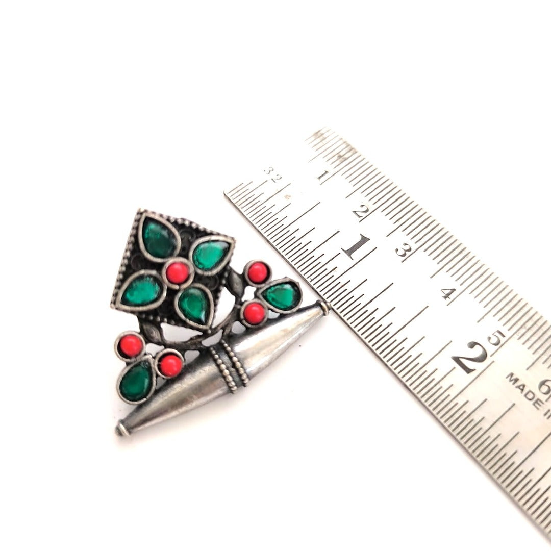 Crowned Square: Emerald Green and Red Silver Toned Earring