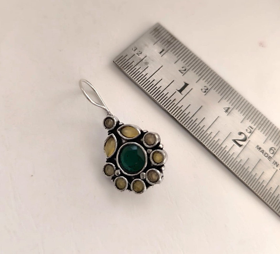 Golden Bloom: Green Stone Silver toned Earring