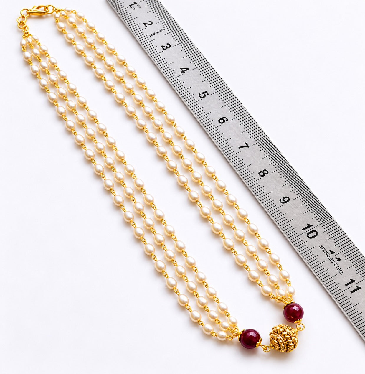 Adaa: Nakshi Pearl Layered Necklace Set With Red Beads