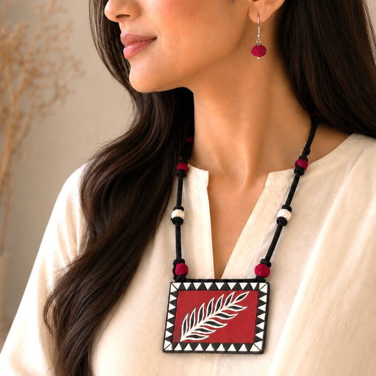 The Folk Edit: Hand painted Leaf Terracotta Pendant and Earring Set