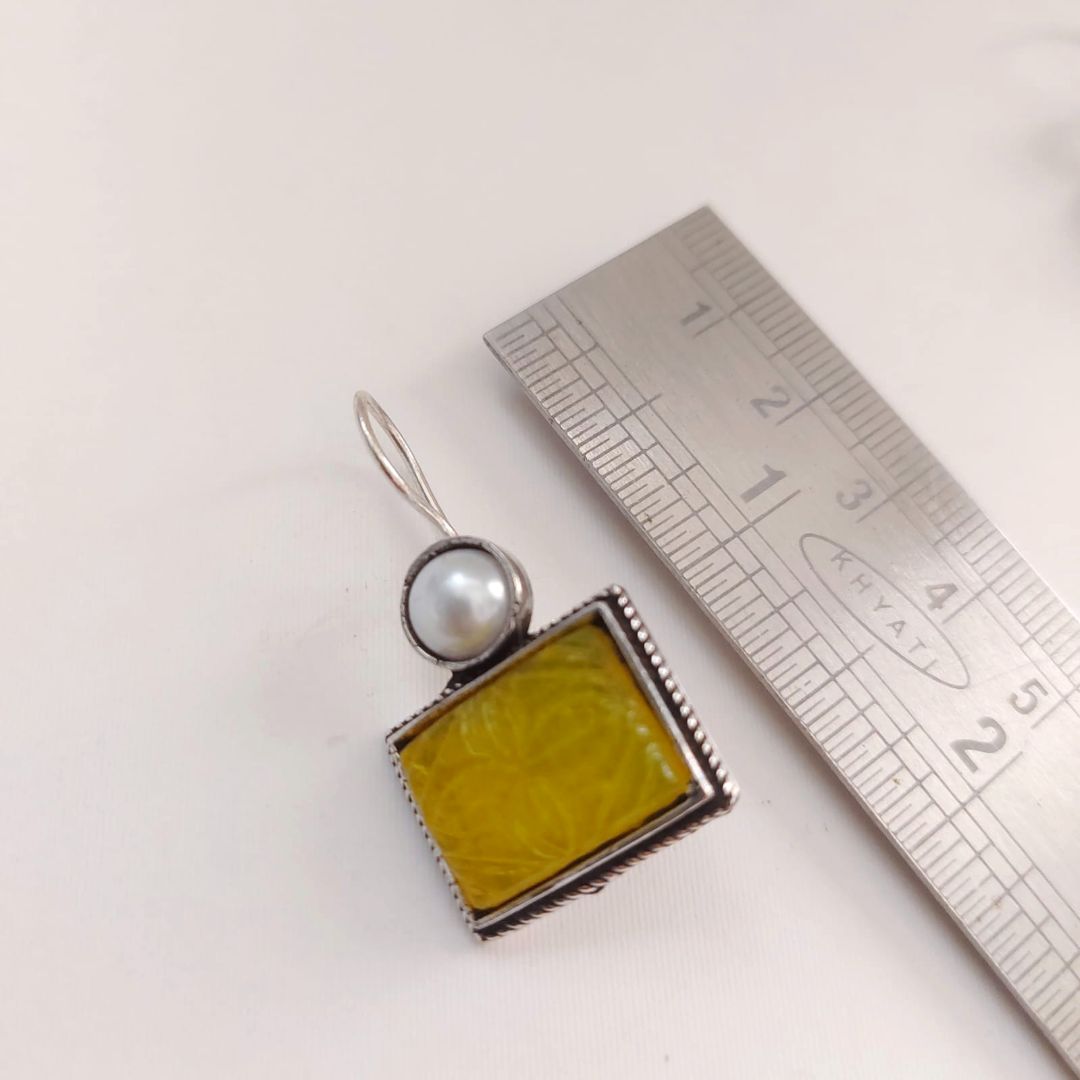 Stylish Yellow Carved Stone and Pearl Hoop earring