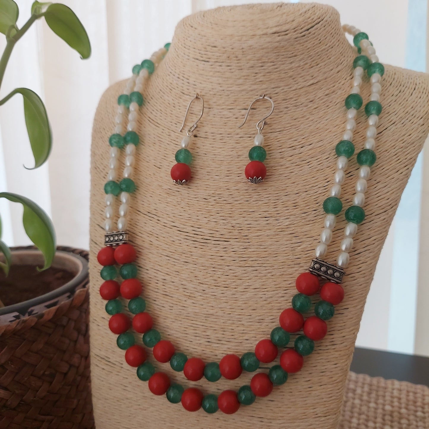 Double Layered Jade, Corals and Pearls Neckset
