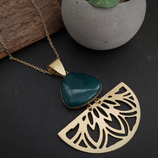 Brass Necklace with Beautiful Green Stoned Pendant