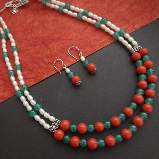 Double Layered Jade, Corals and Pearls Neckset