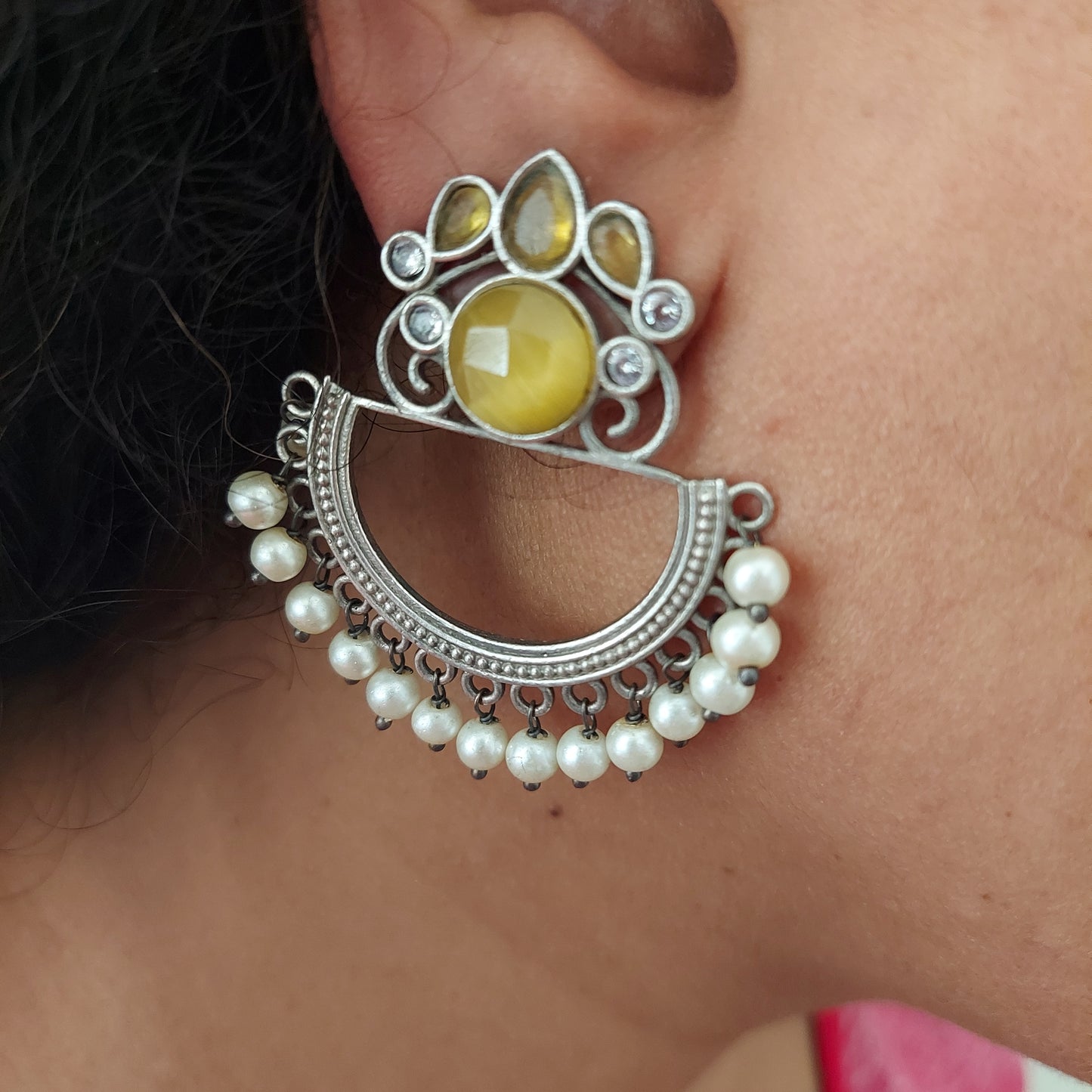 Yellow Stoned Statement Earrings with Pearl Danglers