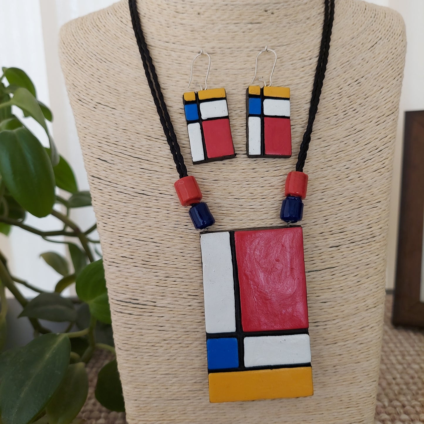 Trendy Terracotta Color Blocked Necklace Earrings Set