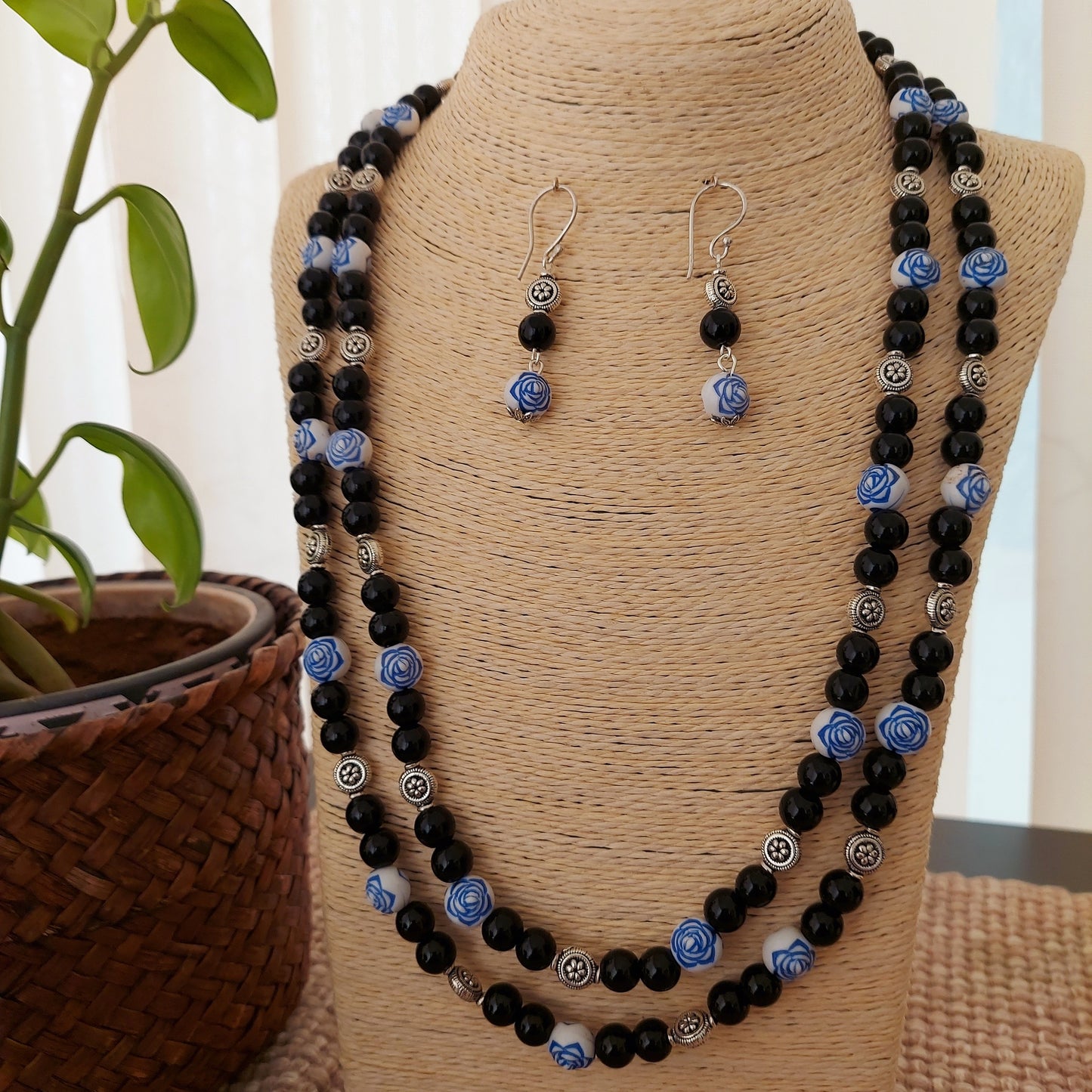 Double Layered Black Beaded Neckset with Floral Beads and Silver Accents
