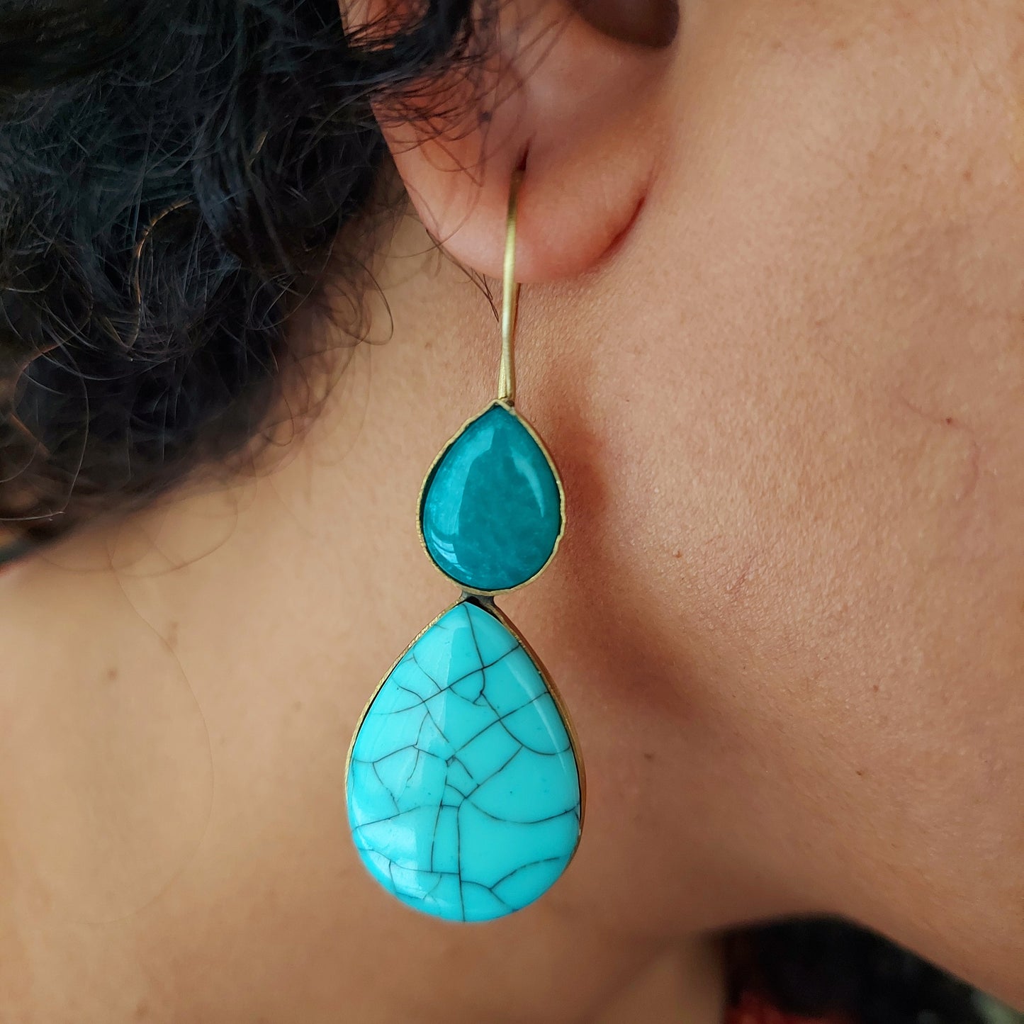 Gold Toned Turquoise Hooked Earrings