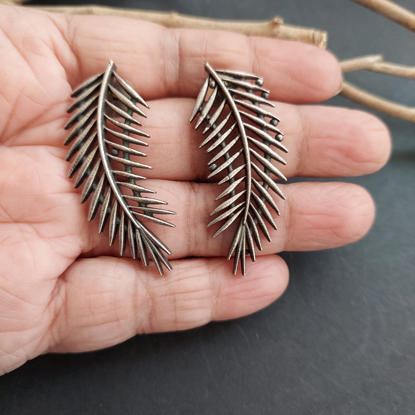 Silver Look-alike Palm Leaf Studs