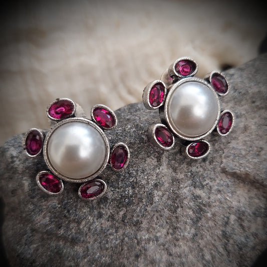 Pearl and Pink Stone Studded Floral Eartops | Stone Studded Earrings