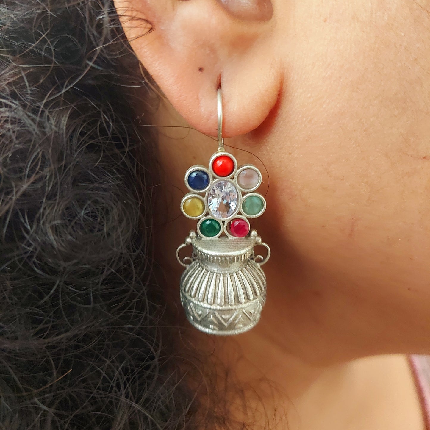 Silver Look alike Multicolored Stone Studded Matka Hooked Earrings
