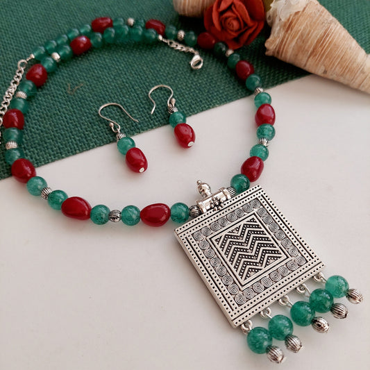 Red n Green Beaded Neckset with Oxidized Pendant