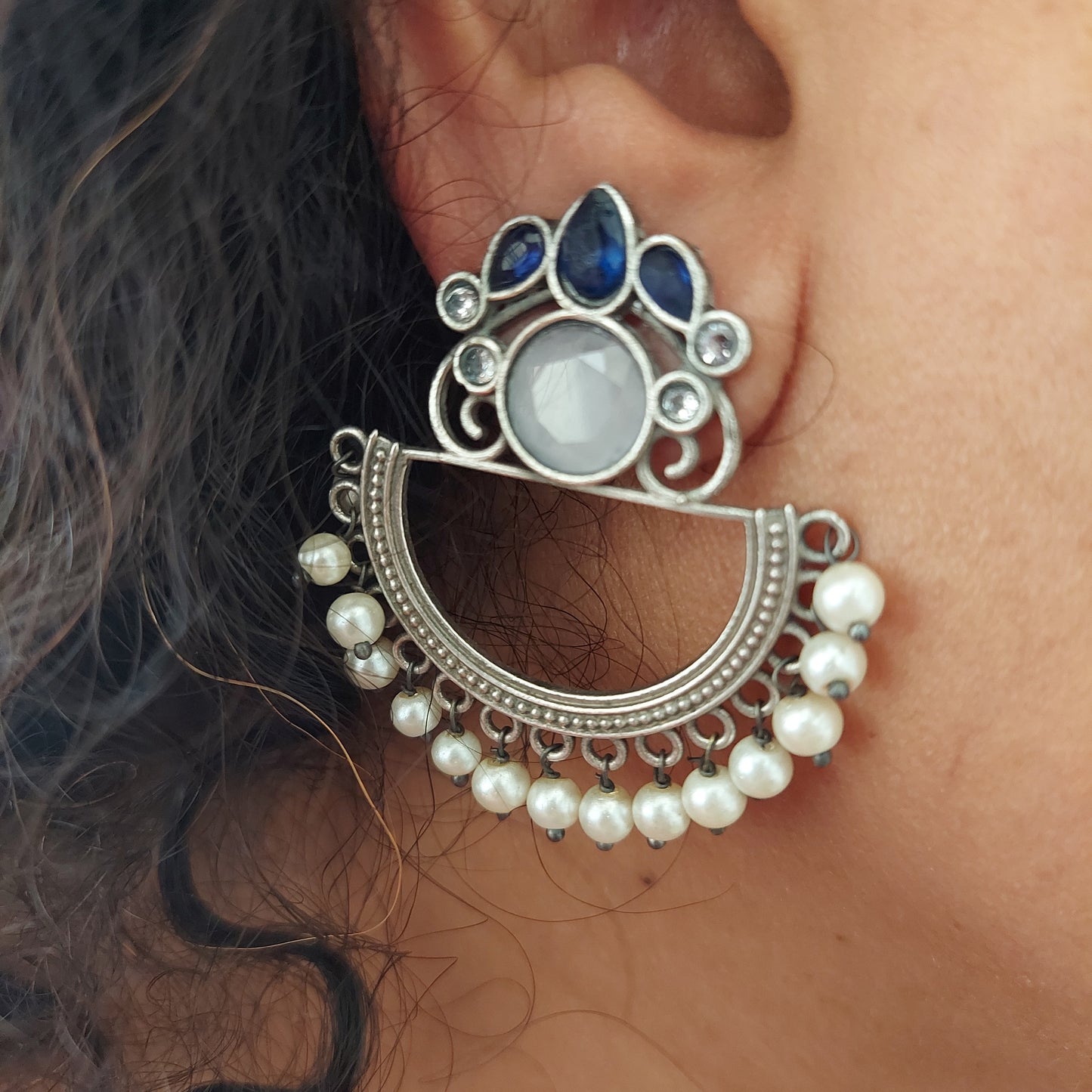 White and Blue Stoned Statement Earrings with Pearl  Danglers