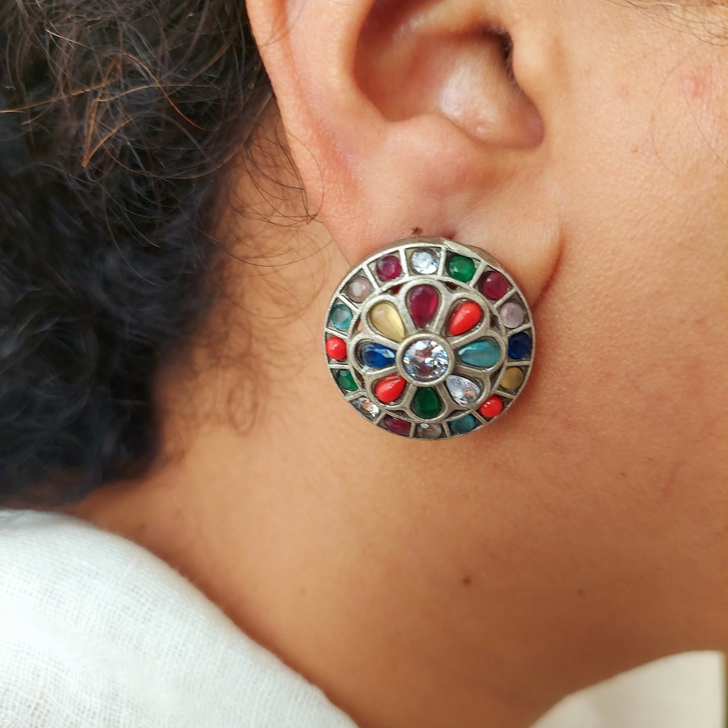 Stone Studded Silver Look alike Round Studs - Multicolored